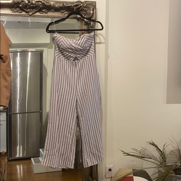 White and Black Striped Strapless Wide Leg Jumper - Picture 2 of 5